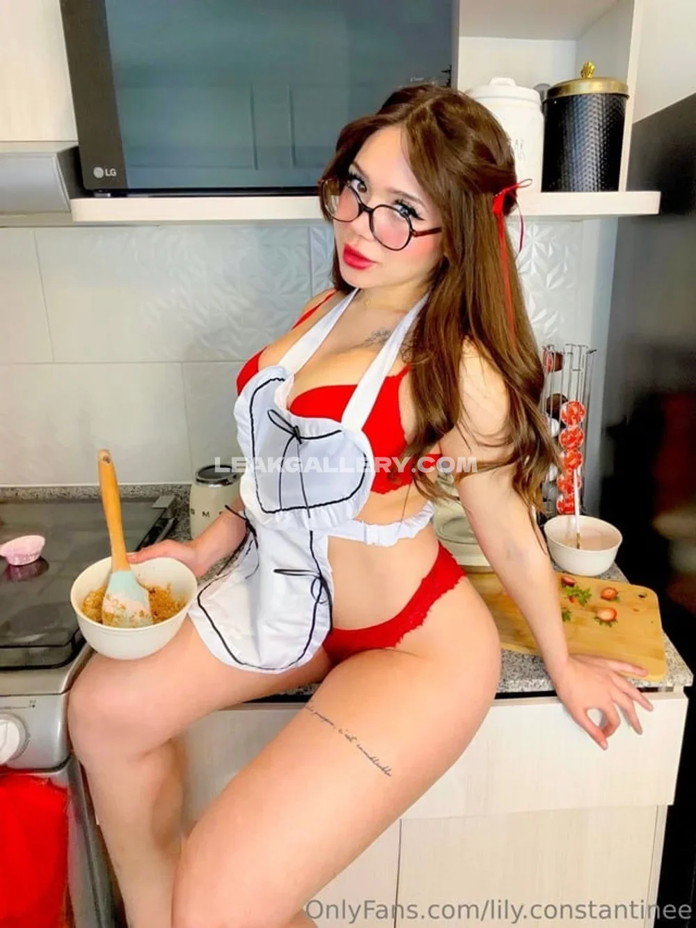 Lilly_rabbit Red Lingerie Kitchen Tease OnlyFans Photo Leaked