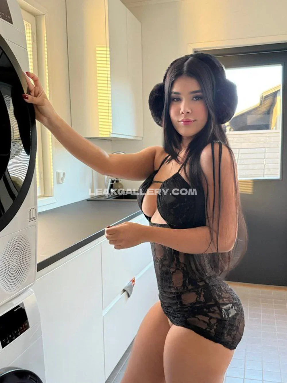 Michellerabbit Black Lace Bodysuit Pose OnlyFans Photo Leaked