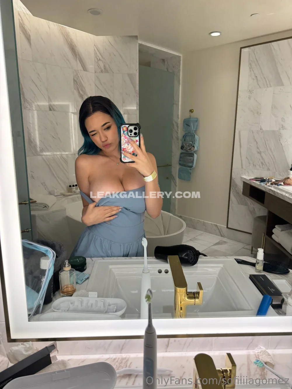 Sofia Gomez Mirror Selfie In Blue Dress OnlyFans Photo Leaked